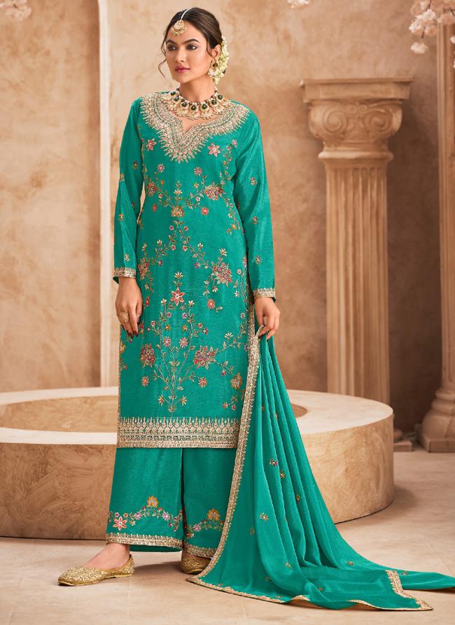 Premium Chinnon Teal Wedding Wear Embroidery Work Readymade Plazzo Suit